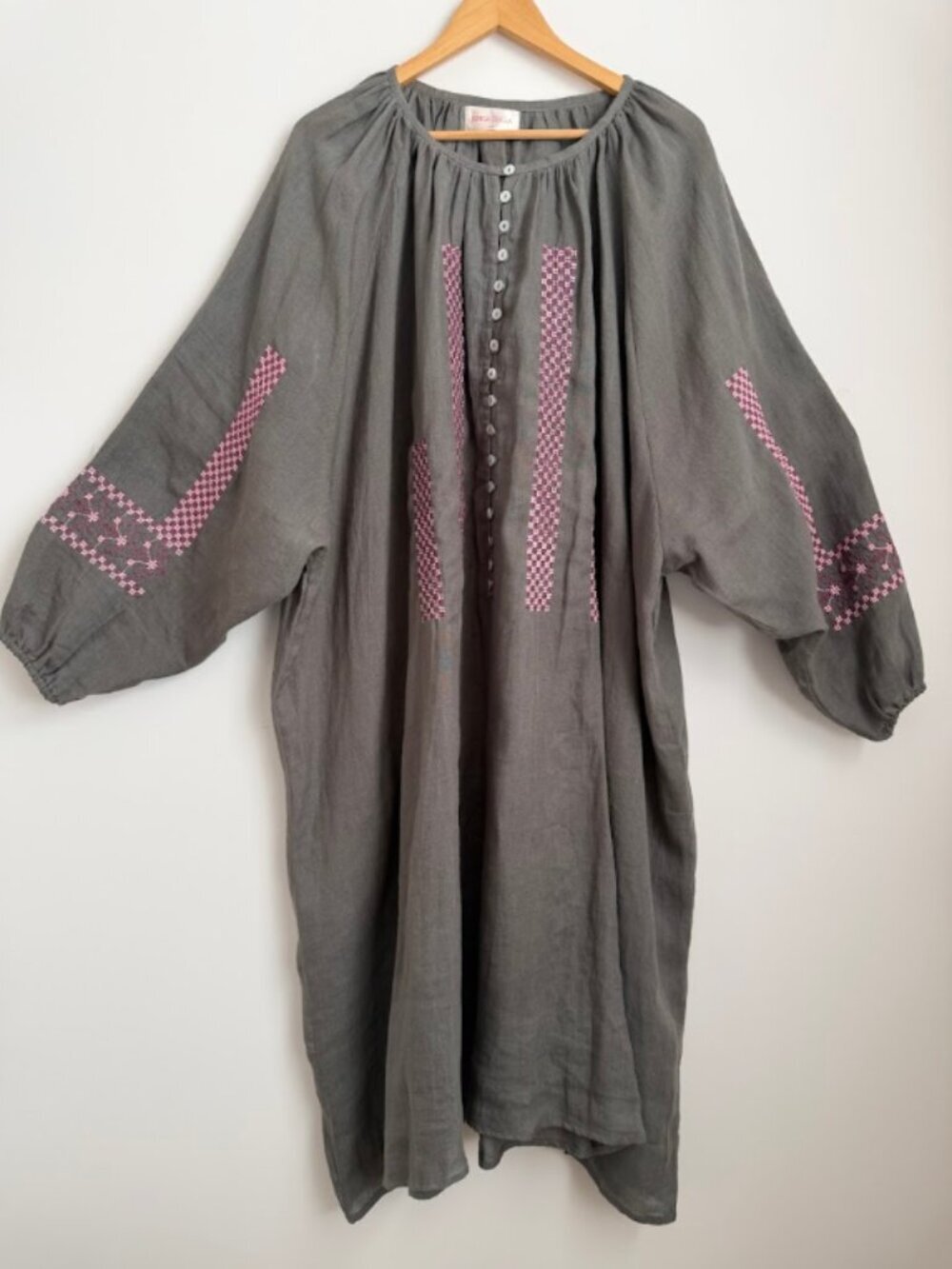 Kinga Csilla Harlow Embroidered Maxi Dress 100% Linen Gray Super Oversized 8